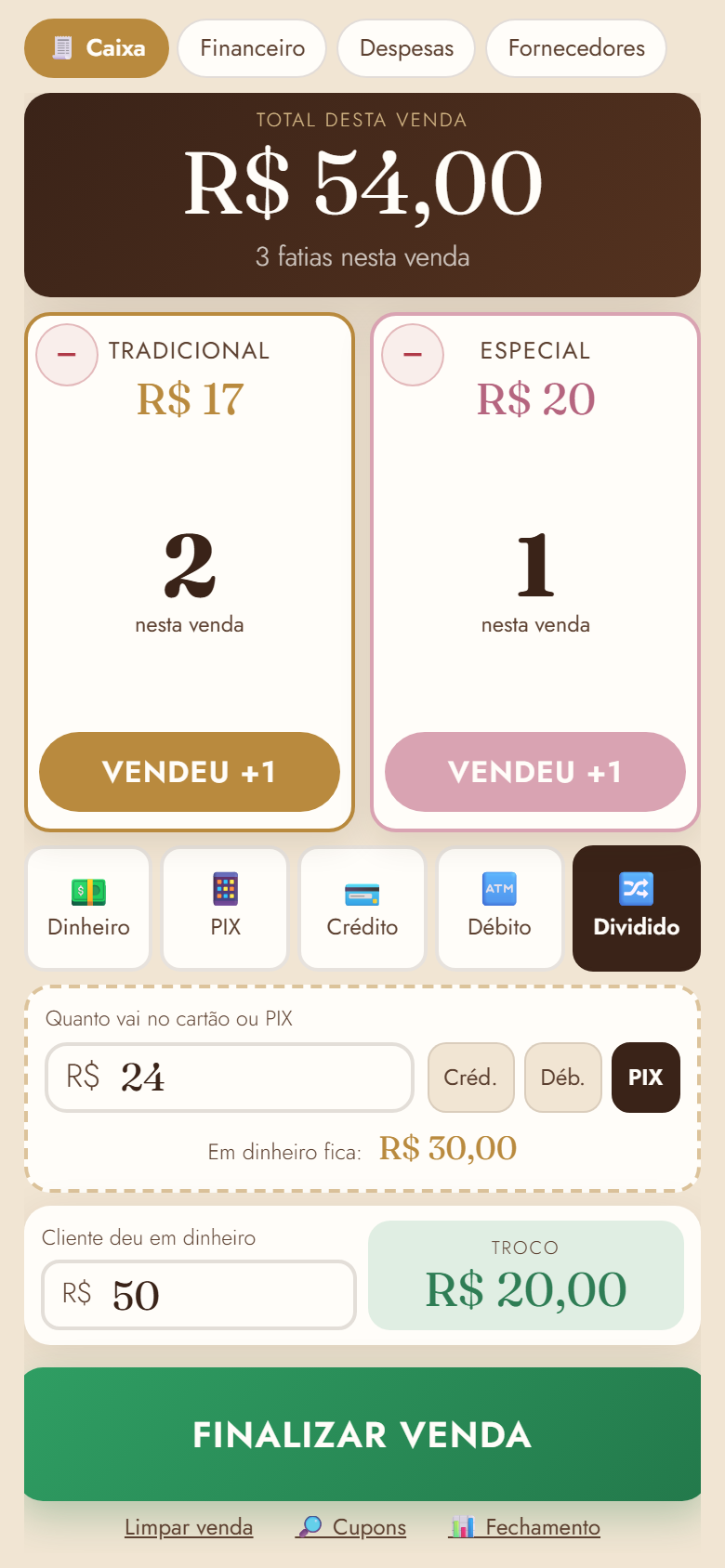 Pagamento dividido: parte no PIX e parte em dinheiro, com troco calculado sobre a parte em dinheiro