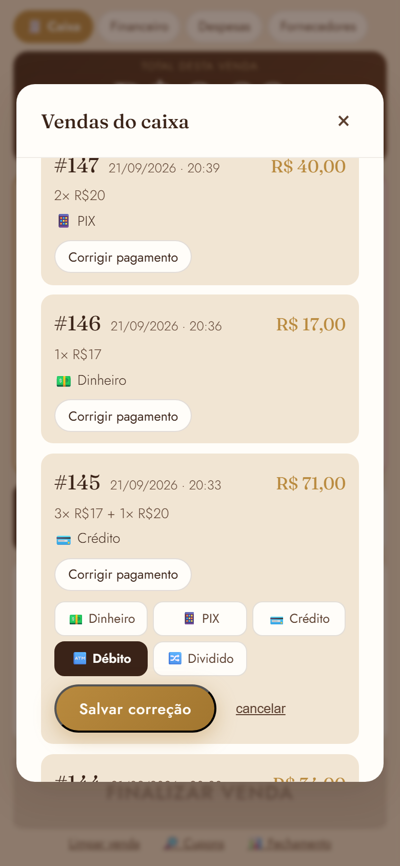Lista de vendas com número de cupom e opção de corrigir pagamento