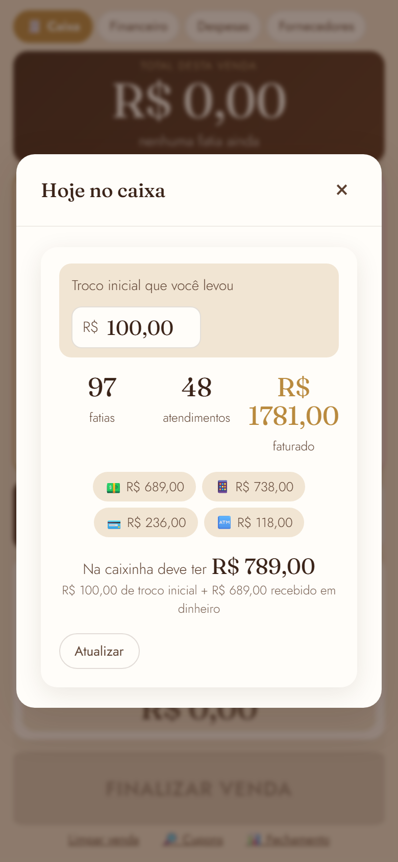 Fechamento do dia com troco inicial e quanto deve ter na caixinha