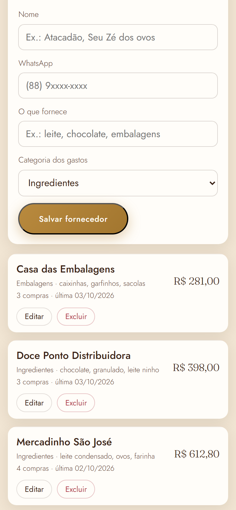 Lista de fornecedores com total gasto e última compra